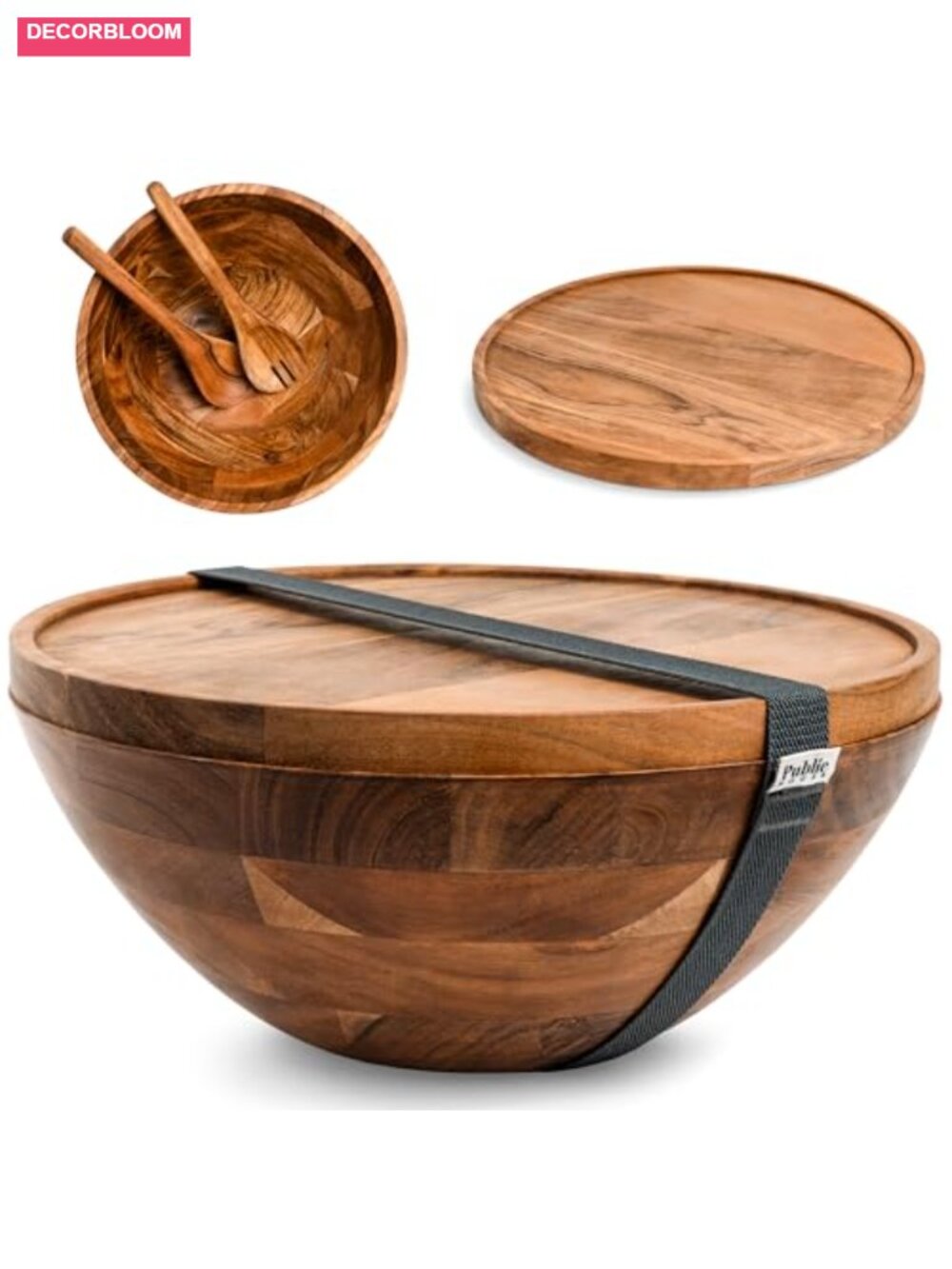 Acacia Wood Salad Bowl Set 12.5" w/ Utensils, Tray Lid, Carry Strap